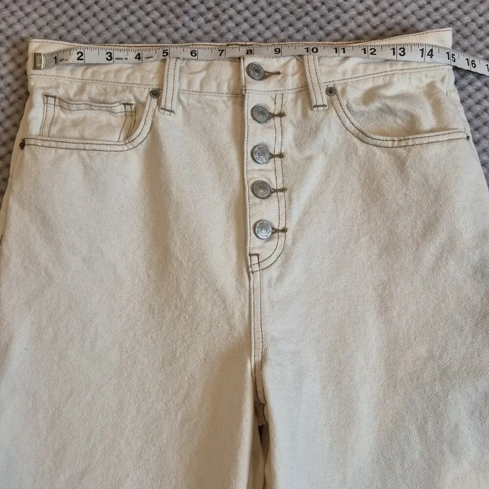 We The Free Crop Barrel Jeans Women 29 Ivory Button Fly FP Denim Frayed Hem Hi - Picture 6 of 10